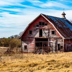 Rural Oklahoma Farmland with Old Run-down Abanonded Red Barn